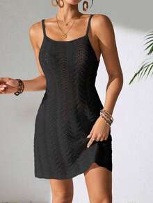 Women's Summer Bohemian Ombre Hollow-Out Sexy Sheer Cover-Up Camisole Mini Dress Vacation Beach - màu đen - Xem 4