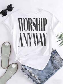 Women's Casual Wear T Shirt,Printed"You Must Worship No Matter What"Pattern,Suitable For Daily Wear And Religious Activities,220Gram - White - View 3