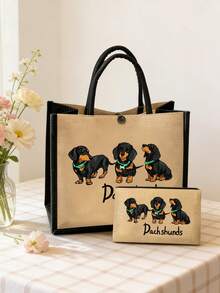 Yellow Linen Dachshund Pattern Tote Bag - Multifunctional Large Capacity Handbag And Wallet Set, Including Small Wallet - Multicolor - View 11
