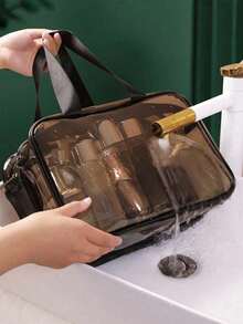 1pc Transparent PVC Cosmetic Bag, Travel Makeup Pouch, Brush Holder, Toiletry Bag, Handheld Wash Bag, Cosmetic Storage Bag, Beach Bag, Travel Essential - Brown - View 3