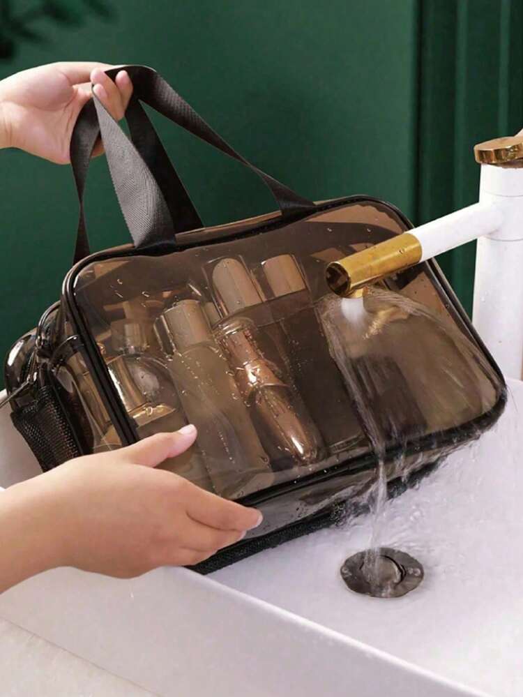 1个透明PVC化妆包，旅行化妆包，刷具收纳包，洗漱包，手提洗漱包，化妆品收纳包，沙滩包，旅行必备品 - 咖色 - 查看 3