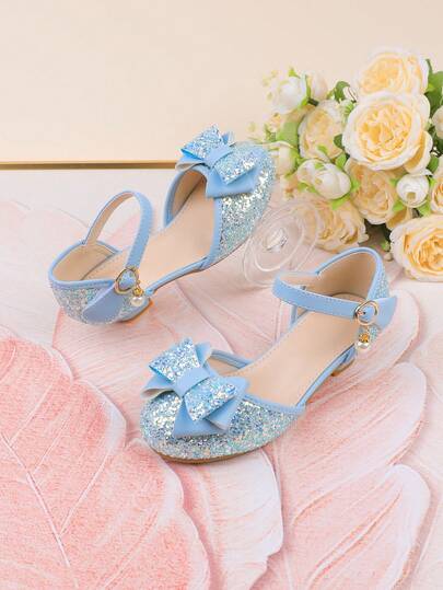 Flower Girl Shoes For Wedding, Party, Holiday, Suitable For Toddler, Little And Big Girls, Classic Comfortable Versatile Shoes With Bow, Blue Dress Shoes, Pearl Decor, Suitable For Formal Occasions, Dresses, Performances, Ballet, Princess Style