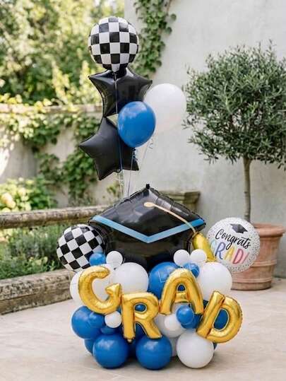 42pcs/Set 2026 Graduation Party Decoration Balloon Set, 16" Gold "GRAD" Letter Banner Foil Balloons, Giant Graduation Cap Shaped Balloons, 18" Black & White Plaid/Black Star Foil Balloons, 18" "Congrats Grad" Round Foil Balloons, Suitable For Class Of 2026 Graduation Party Decor