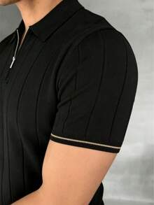 GRDR Camiseta de manga corta con cuello de cremallera y costillas verticales para hombre - Uso diario casual - Negro - Ver 4