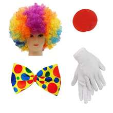 4件套嘉年华小丑服装套装，包括：彩虹小丑假发、鼻子、领结、白色手套、嘉年华派对小丑配饰、嘉年华服装 - 彩色 - 查看 4