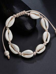 1 pieza/3 piezas/5 piezas Pulsera de pareja con cordón ajustable y decoración de conchas, estilo bohemio de moda para la playa - Beis - Ver 1