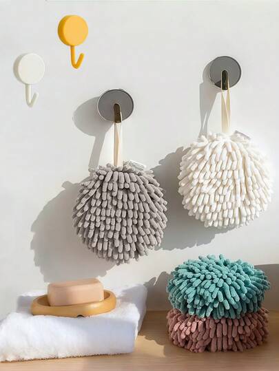 家用雪尼尔手巾球，加厚吸水速干厨房洗脸巾带挂钩，可爱浴室配件