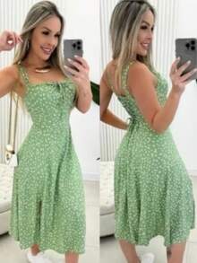 All-Over Print. Fabric: None. Midi Dress. Spring Vacation. - Avocado Green - View 3