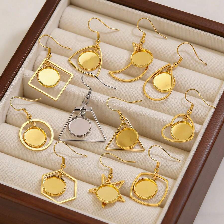 Bộ 10 móc tai bằng thép không gỉ mạ vàng 18K hình trái tim, hình tròn và hình ngôi sao, kèm chốt cài kiểu lồi 12mm, dùng để tự làm khuyên tai và trang sức. - khay đựng bông tai - Xem 1