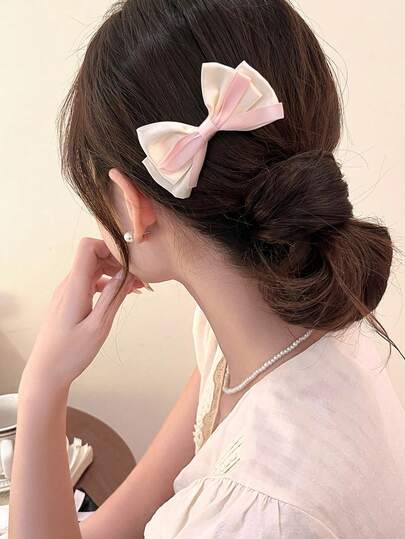2pcs/1pc Medium 9.5cm/3.74in Two-Tone Beige And Pink Cute Bow Hair Clips, Elegant College Style, Suitable For Women's Daily Decoration, Makeup, Commuting, Vacation, School, Party, Gift