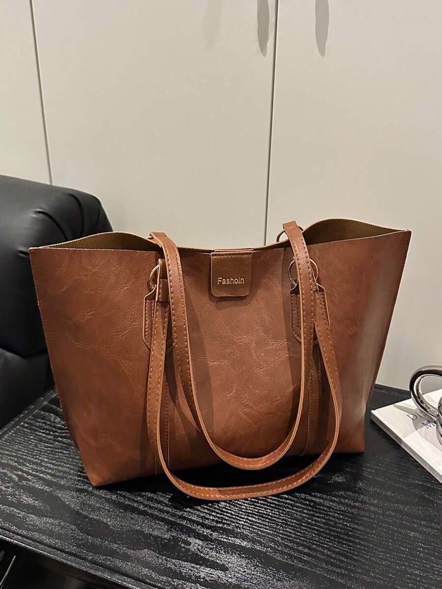 大容量多口袋单肩手提包，休闲女士大包，尺寸32*12*28厘米，可装笔记本电脑，简约时尚休闲度假 - 棕色 - 查看 1