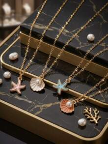 1pc Fashionable Sweet Summer Ocean Beach Shell Pendant Stainless Steel Necklace, Girls Clavicle Chain, Children Summer Beach Holiday Travel Accessory, Versatile Daily Wear - one-size - View 3