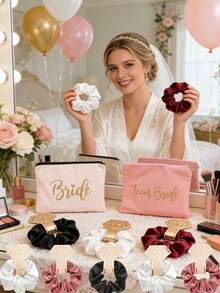 Bộ quà tặng 14 món cho tiệc cưới - Túi trang điểm cho cô dâu và phù dâu kèm cọ satin, dây buộc tóc, quà tặng cho khách dự tiệc cưới, chuẩn bị cho ngày cưới. - A - Xem 1
