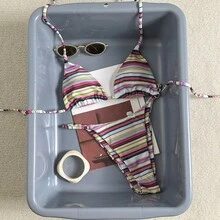 Traje de baño de 2 piezas sexy y colorido con rayas para mujer, conjunto de bikini con espalda descubierta y lazos, adecuado para la playa, vacaciones y cruceros en verano - Multicolor - Ver 4