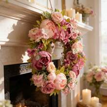 1pc 45cm/17.72in Romantic Vintage Style Artificial Simulated Peony Flower Hanging Decorative Wreath For Thanksgiving, Harvest, Christmas, Valentine's Day, Mother's Day, Weddings, Holiday Party Mantel, Wall, Door Window, Staircase Decorative Wreath, Thanksgiving Gift - A - 查看 1