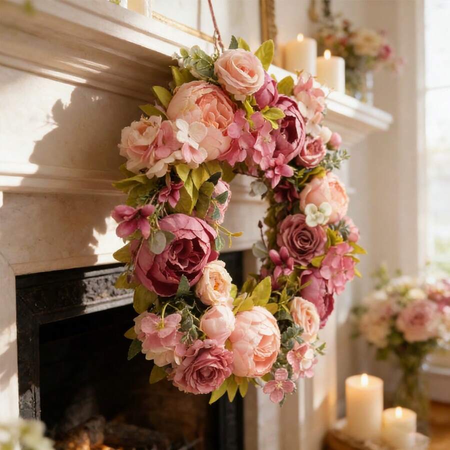 1pc 45cm/17.72in Romantic Vintage Style Artificial Simulated Peony Flower Hanging Decorative Wreath For Thanksgiving, Harvest, Christmas, Valentine's Day, Mother's Day, Weddings, Holiday Party Mantel, Wall, Door Window, Staircase Decorative Wreath, Thanksgiving Gift - A - 查看 1