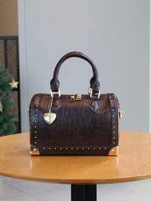 2025 New Fashionable High-End Women's Handbag, Large Capacity Boston Cushion Bag, Vintage Rivet Box Shoulder Bag, Versatile Personalized Street-Style Top Handle Satchel, Structured Box Bag - 彩色 - 查看 10