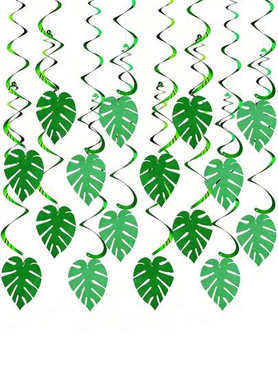 6pcs Hawaiian Tropical Palm Leaf Hanging Decorations, Green Glitter Tropical Jungle Party Decor, Easter Palm Sunday Summer Beach Birthday Supplies