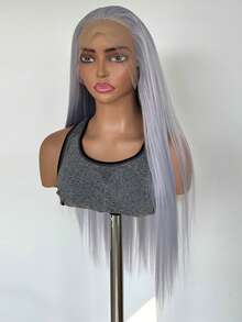 Tóc giả dài thẳng màu xám khói dành cho nữ, chất liệu tổng hợp, kiểu ren phía trước, đường chân tóc tự nhiên 13*4, tóc giả màu xám bạc phù hợp cho sử dụng hàng ngày, dự tiệc và cosplay. - Bụi tím - Xem 4