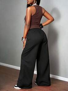 两件套女士多米尼加共和国印花露脐背心+黑色阔腿裤套装，休闲街头风慵懒装扮 - 駝色 - 查看 2