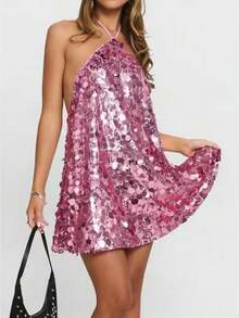 Ladies' Summer Casual Dress, Sleeveless And Backless, Adorned With Sparkling Sequins. Soft Fabric, Lightweight And Breathable. Ideal For Summer, Weddings, Clubs, Casual Wear, Birthday Parties, Vacations, Beaches, Holidays, Work, Daily Life, And Dating. - 粉色 - 查看 1