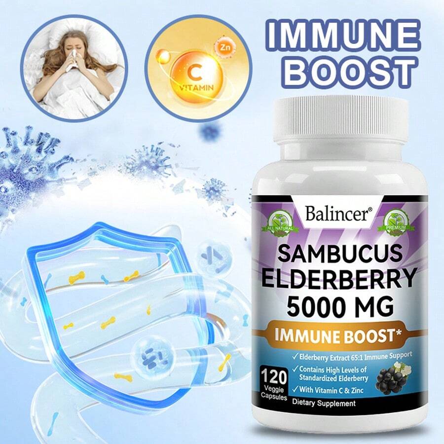 Sambucas Elderberry Capsules, Suitable For Both Men And Women, Each Serving Contains 5000 Mg Of Elderberry Extract, Vitamin C, And Zinc. An Immune And Energy Support Formula, 120 Capsules. - 1 瓶 - 查看 1