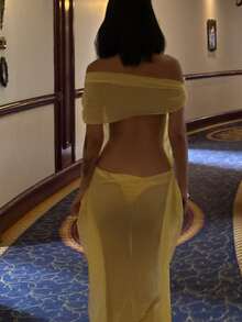 Women's Solid Color Backless Open Shoulder Fitted Sheer Mesh Sexy Dress Elegant Party Summer Yellow - Yellow - View 5