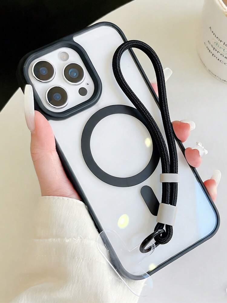 1个简约优雅透明磁吸手机壳，兼容 17 Pro Max、16 Pro Max、新款14、15，超薄防震保护壳，带挂绳，男女通用 - 黑色 - 查看 2