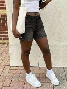 Women's Casual Loose Straight Leg Denim Bermuda Shorts Summer - Black - View 4