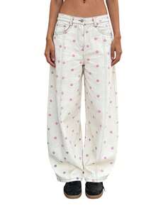 Women's 2026 Polka Dot Barrel Jeans Curved Sword Pants Boyfriend Y2K Casual Wide Leg Mid Rise Denim Pants - 粉色 - 查看 7