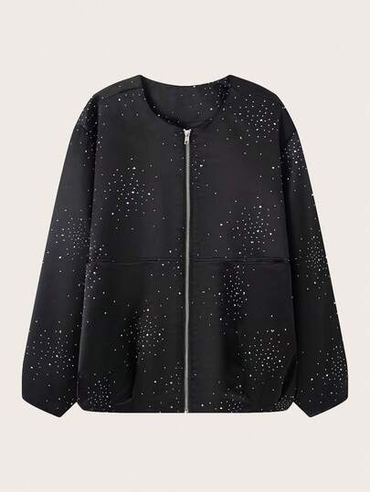 جاكيت ذات رقبة دائرية مزينة بالراين ذات لون أحادي، مناسبة للربيع والخريف والعطلات