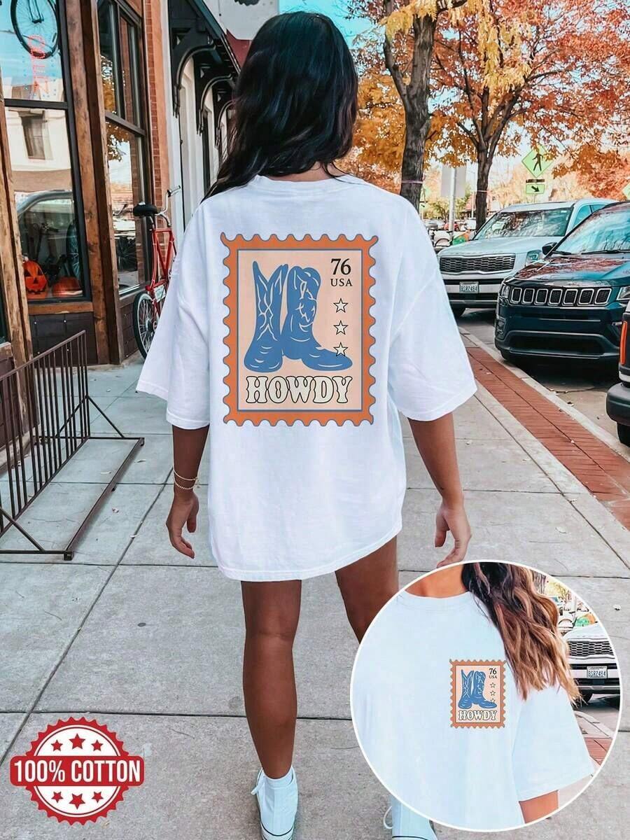 Women's Oversized Vintage Western Cowboy Graphic-Shirt - Oversized Drop Shoulder Short Sleeve Crew Neck Casual Tee With Howdy Print & Cowboy Hat Design Unisex Short Sleeve Graphic Tee Casual Crewneck-Shirt Western Graphic Tees Men Clothes Camisas Para Hombre Graphic Tees Women Clothes Summer Tops Summer Clothes Graphic Tee Shirts - 白色 - 查看 1