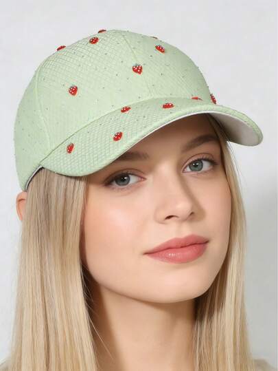 1pc Strawberry & Rhinestone Breathable Thin Baseball Cap, Truck Driver Sun Hat For Women & Men, Outdoor Sunshade, Student & Couple Gift