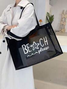 粉色网眼沙滩手提包，字母印花，附赠化妆包和时尚眼镜，网眼化妆包可装口红和粉扑，便携式沙滩包，夏季必备 - 彩色 - 查看 13