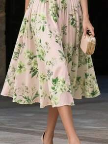 Vestido de gasa con estampado floral sin mangas - Cuello en V romántico, cintura ceñida y falda acampanada, primavera/verano vacaciones - Verde Pastel - Ver 4