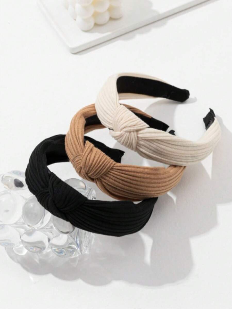 3 piezas Diademas anchas de punto de unicolor, accesorios para el cabello con nudo cruzado para mujeres, diadema, aro para el cabello - Multicolor - Ver 1