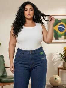 Plus Size Bodysuit Square Neck Tank Top Foreign Fashion - trắng - Xem 1