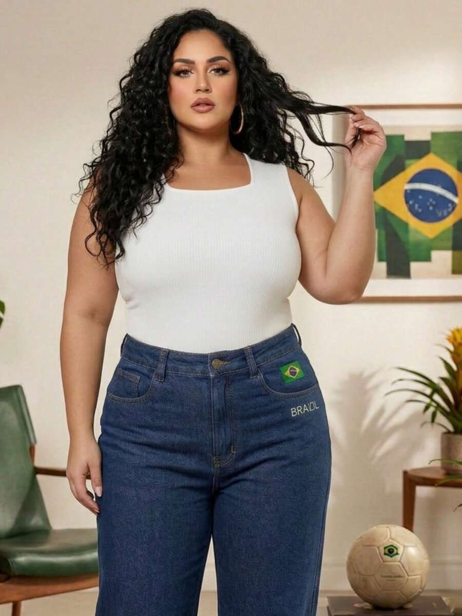 Plus Size Bodysuit Square Neck Tank Top Foreign Fashion - trắng - Xem 1