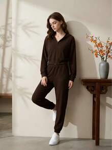 Comfortable Women's Casual Set With Zipper And Jogger Pants – Perfect For Everyday Wear And Maximum Comfort - 咖啡棕 - 查看 2
