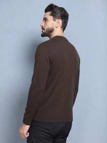 Men's Plain Wool Knit Sweater With Round Neck And Long Sleeves For Winter - Coffee Brown - View 5