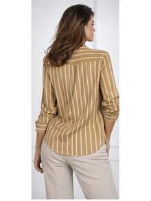 Women's Long-Sleeved Striped Linen Shirt, Brightly Colored - 卡其色 - 查看 2
