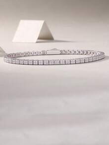 925 Sterling Silver Moissanite Tennis Bracelet For Women, Hypoallergenic, Fully Paved, Minimalist Ins Style, Versatile For Commute, Gift For Valentine's Day/Birthday, Comes In Gift Box - Silver - View 6