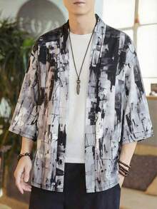 Abstract Brush Stroke Print 3/4 Sleeve Robe, Streetwear Loose Fit Lightweight Cardigan, Men's Kimono Shirt - Multicolor - View 2