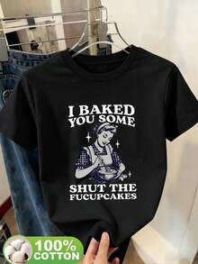 女士标准图案印花T恤，黑色，100%纯棉，适合夏季穿着，休闲棉质T恤 - 黑色 - 查看 4