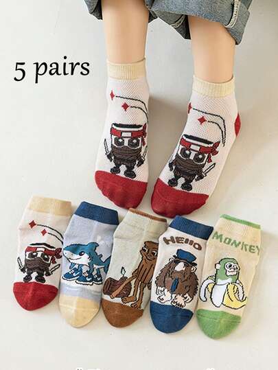 5 pares de calcetines finos para niños nuevos de primavera/verano, calcetines cortos de malla divertidos y de moda para niños, calcetines para niñas, adecuados para la vida diaria y la escuela, Brainrot, Shanhaijing Socks