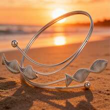 1pc Silver Wavy Shell Armband, Bohemian Gold Summer Beach Style Adjustable Stainless Steel Arm Cuff For Women - Silver - View 7