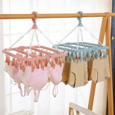 32pcs Clip Hangers, Indoor & Outdoor Rotatable Foldable Drying Rack, Suitable For Underwear, Socks, Small Clothing Items, Balcony Use, Space-Saving No Power Needed, Clothesline, Hangers, Laundry Room, Drying Rack, Laundry Room Decor, Socks, Storage, Clothes Hooks, Apartment Essential