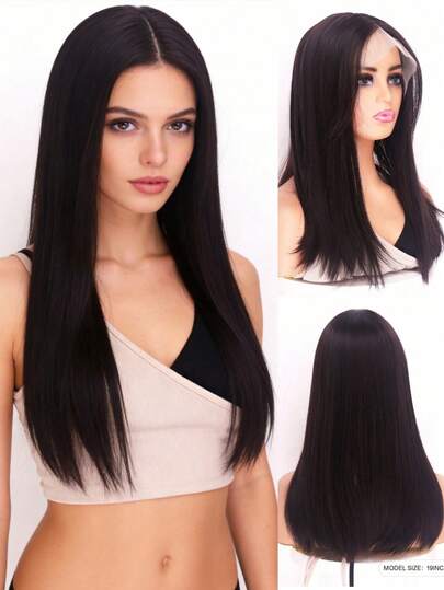 1 pièce Perruque longue droite avec dentelle frontale pour femmes, couleur noir brun, 20 pouces, 22 pouces. Perruque frontale en dentelle naturelle et respirante à la mode. Perruque synthétique résistante à la chaleur, convenant pour un port quotidien