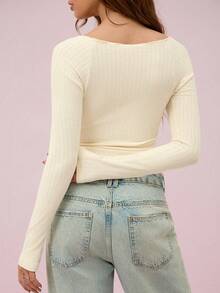 Leadlive 女士性感露肩仿珍珠纽扣前襟罗纹针织长袖上衣，优雅杏色针织面料，常规长度，修身版型，女士休闲衬衫，女士春季T恤 - 杏色 - 查看 3