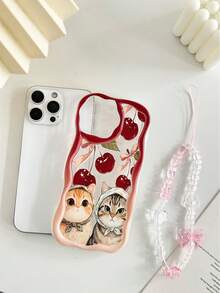 奶油色波浪边亮面樱桃猫彩绘防摔手机壳，配串珠手链配件，兼容 17 Pro/17 Air/17/17 Pro Max/16/11/16 Pro/16 Plus/16 Pro Max/16 e/15 Pro Max/13/14/12/XS/XR/7G/8P，Galaxy A17/A07/S26/S26 Plus/S26 Ultra/S25/S25 Plus/S25 Ultra/A16/A36，11/12 Pro/12/12 X/13 Pro/14 Pro/15 Pro，10/9/Note9/12c/Note11 Pro/Note8 Pro - 彩色 - 查看 2
